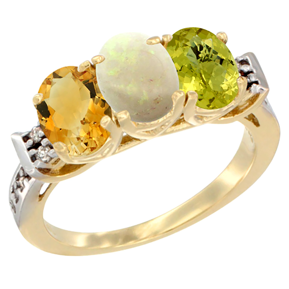 14K Yellow Gold Natural Citrine, Opal & Lemon Quartz Ring 3-Stone 7x5 mm Oval Diamond Accent, sizes 5 - 10