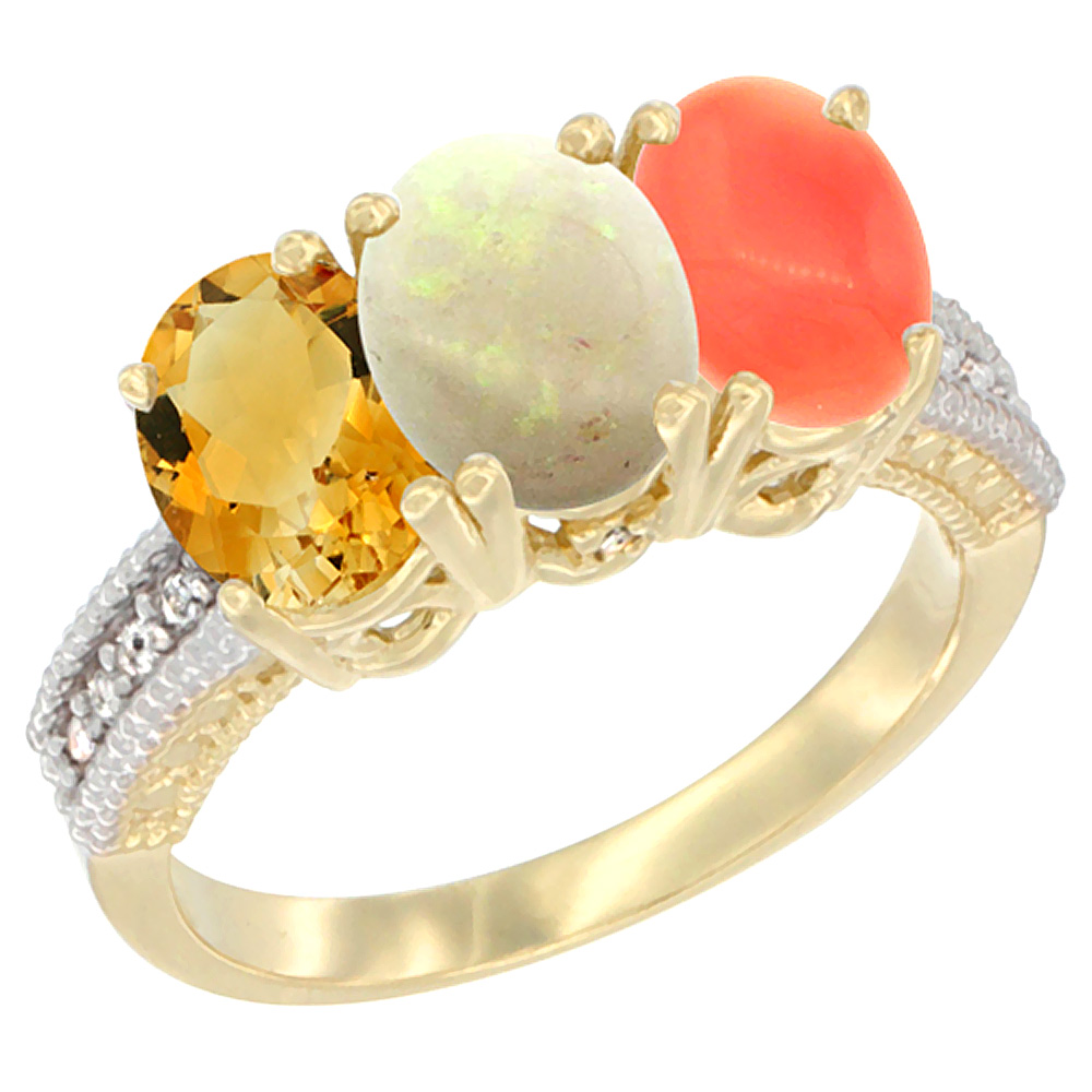10K Yellow Gold Diamond Natural Citrine, Opal & Coral Ring 3-Stone 7x5 mm Oval, sizes 5 - 10