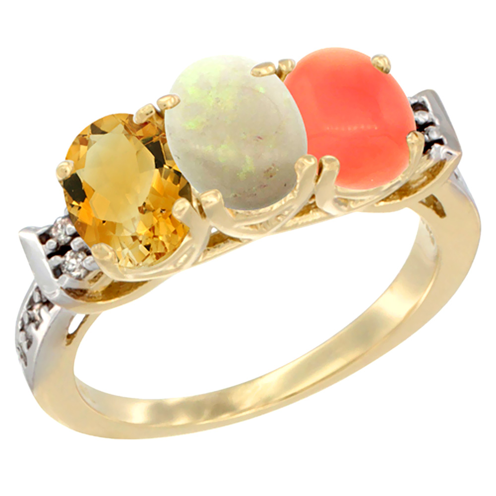 10K Yellow Gold Natural Citrine, Opal & Coral Ring 3-Stone Oval 7x5 mm Diamond Accent, sizes 5 - 10