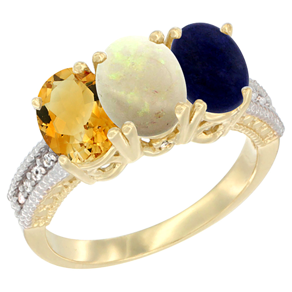 10K Yellow Gold Diamond Natural Citrine, Opal &amp; Lapis Ring 3-Stone 7x5 mm Oval, sizes 5 - 10