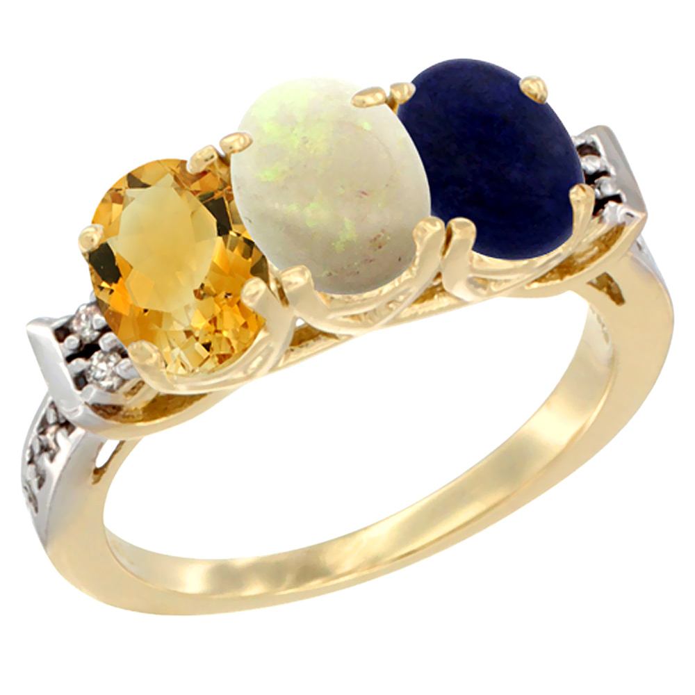 14K Yellow Gold Natural Citrine, Opal &amp; Lapis Ring 3-Stone 7x5 mm Oval Diamond Accent, sizes 5 - 10