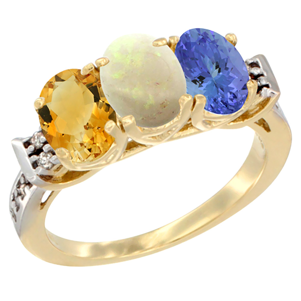 10K Yellow Gold Natural Citrine, Opal &amp; Tanzanite Ring 3-Stone Oval 7x5 mm Diamond Accent, sizes 5 - 10