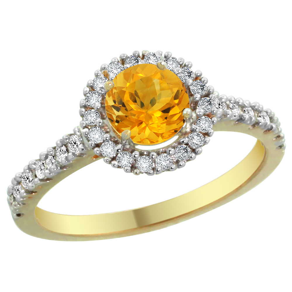 14K Yellow Gold Diamond Halo Natural Citrine Ring Round 6mm, sizes 5 - 10