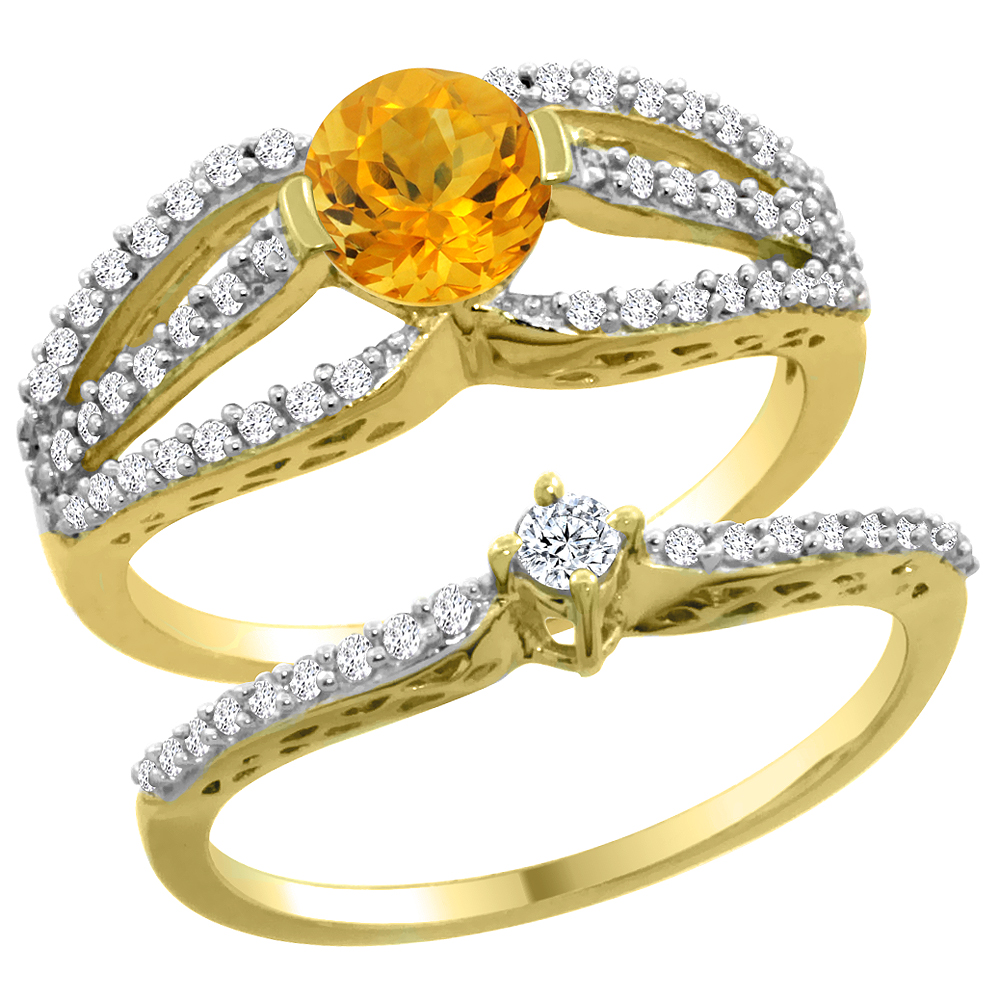 14K Yellow Gold Natural Citrine 2-piece Engagement Ring Set Round 5mm, sizes 5 - 10