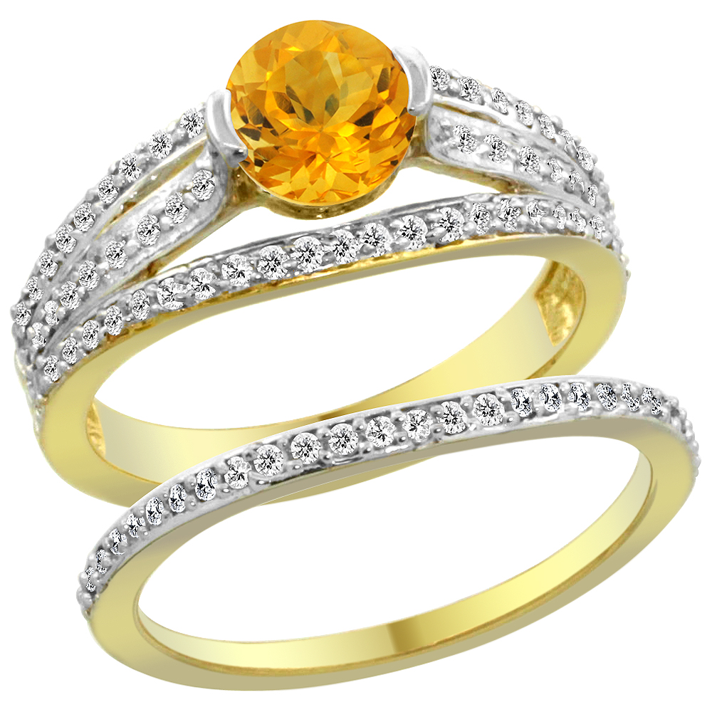 14K Yellow Gold Natural Citrine 2-piece Engagement Ring Set Round 6mm, sizes 5 - 10