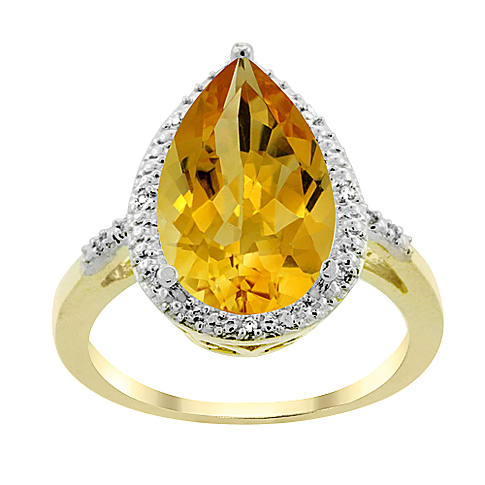 10K Yellow Gold Natural Citrine Ring Pear Shape 10x15 mm Diamond Accent, sizes 5 - 10