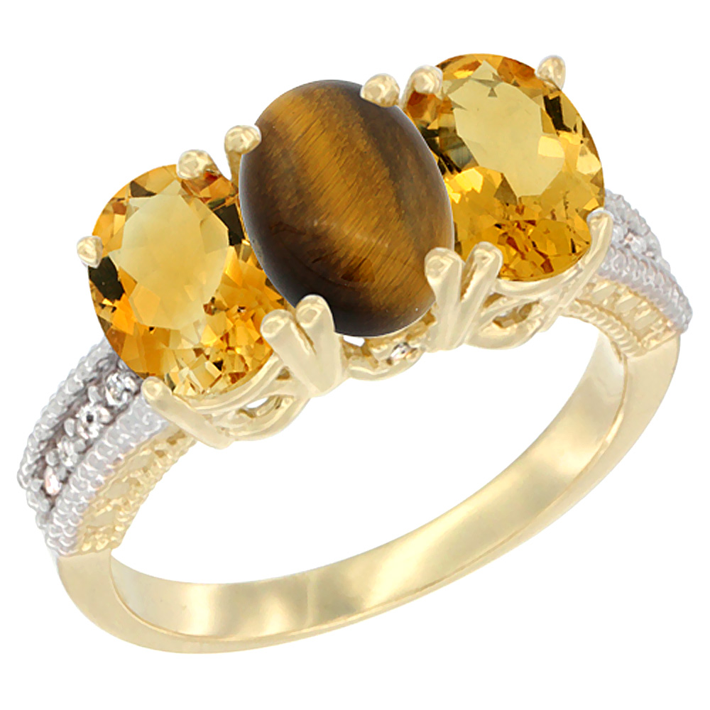 14K Yellow Gold Natural Tiger Eye &amp; Citrine Sides Ring 3-Stone 7x5 mm Oval Diamond Accent, sizes 5 - 10