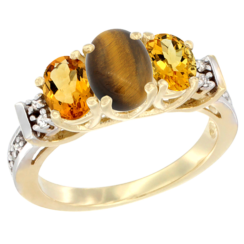 14K Yellow Gold Natural Tiger Eye & Citrine Ring 3-Stone Oval Diamond Accent