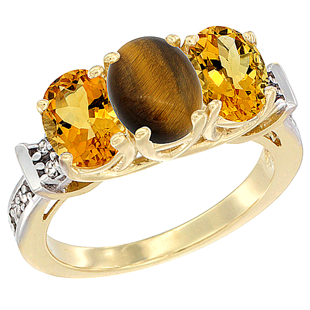 10K Yellow Gold Natural Tiger Eye & Citrine Sides Ring 3-Stone Oval Diamond Accent, sizes 5 - 10