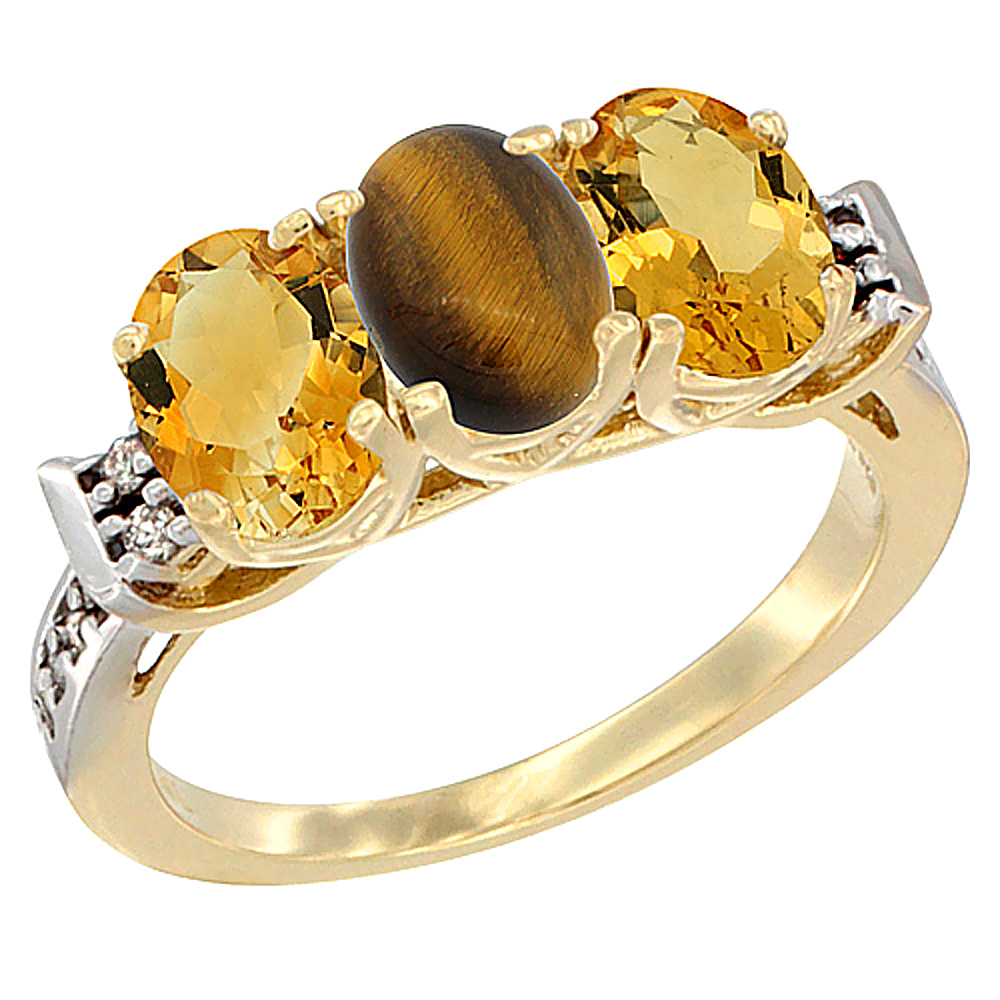 10K Yellow Gold Natural Tiger Eye &amp; Citrine Sides Ring 3-Stone Oval 7x5 mm Diamond Accent, sizes 5 - 10