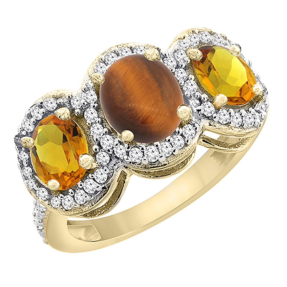14K Yellow Gold Natural Tiger Eye &amp; Citrine 3-Stone Ring Oval Diamond Accent, sizes 5 - 10