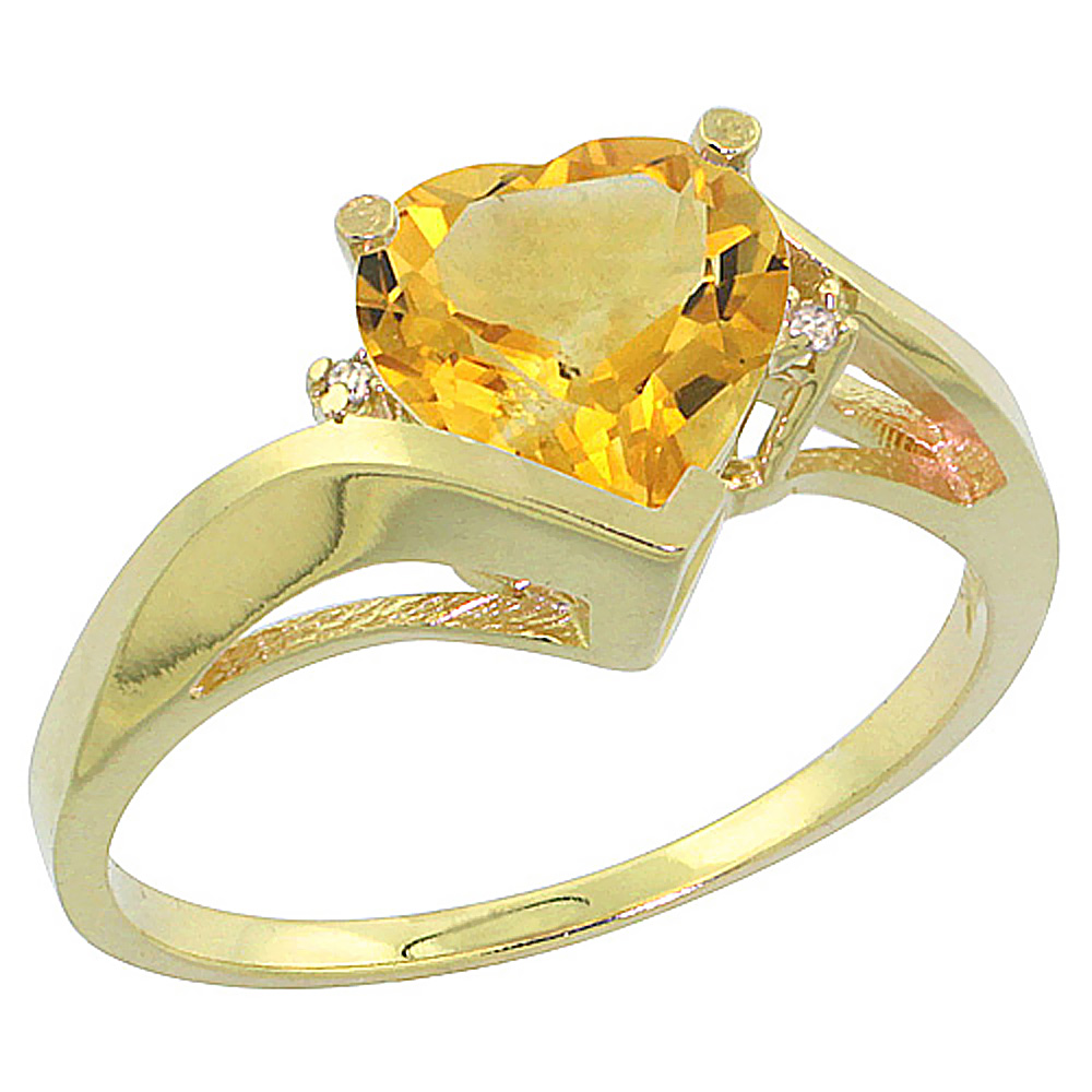 10K Yellow Gold Natural Citrine Heart Ring 7mm Diamond Accent, sizes 5 - 10