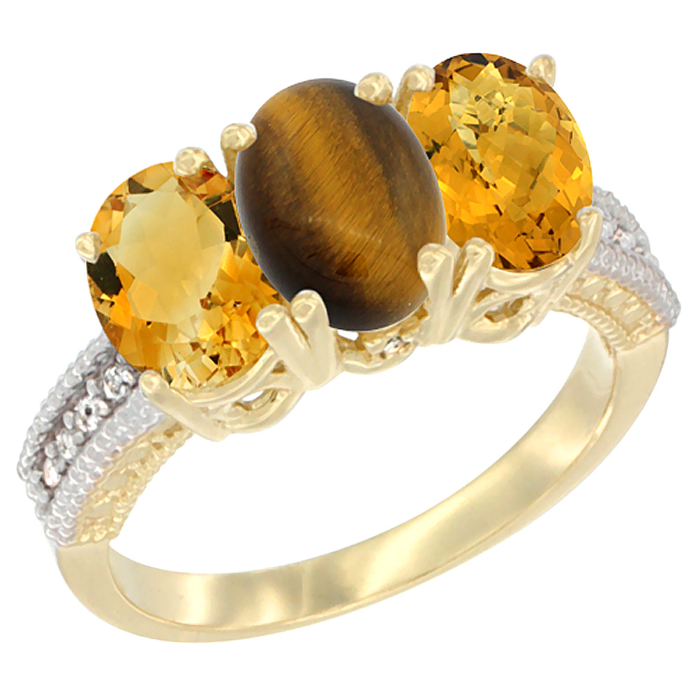 14K Yellow Gold Natural Citrine, Tiger Eye &amp; Whisky Quartz Ring 3-Stone 7x5 mm Oval Diamond Accent, sizes 5 - 10