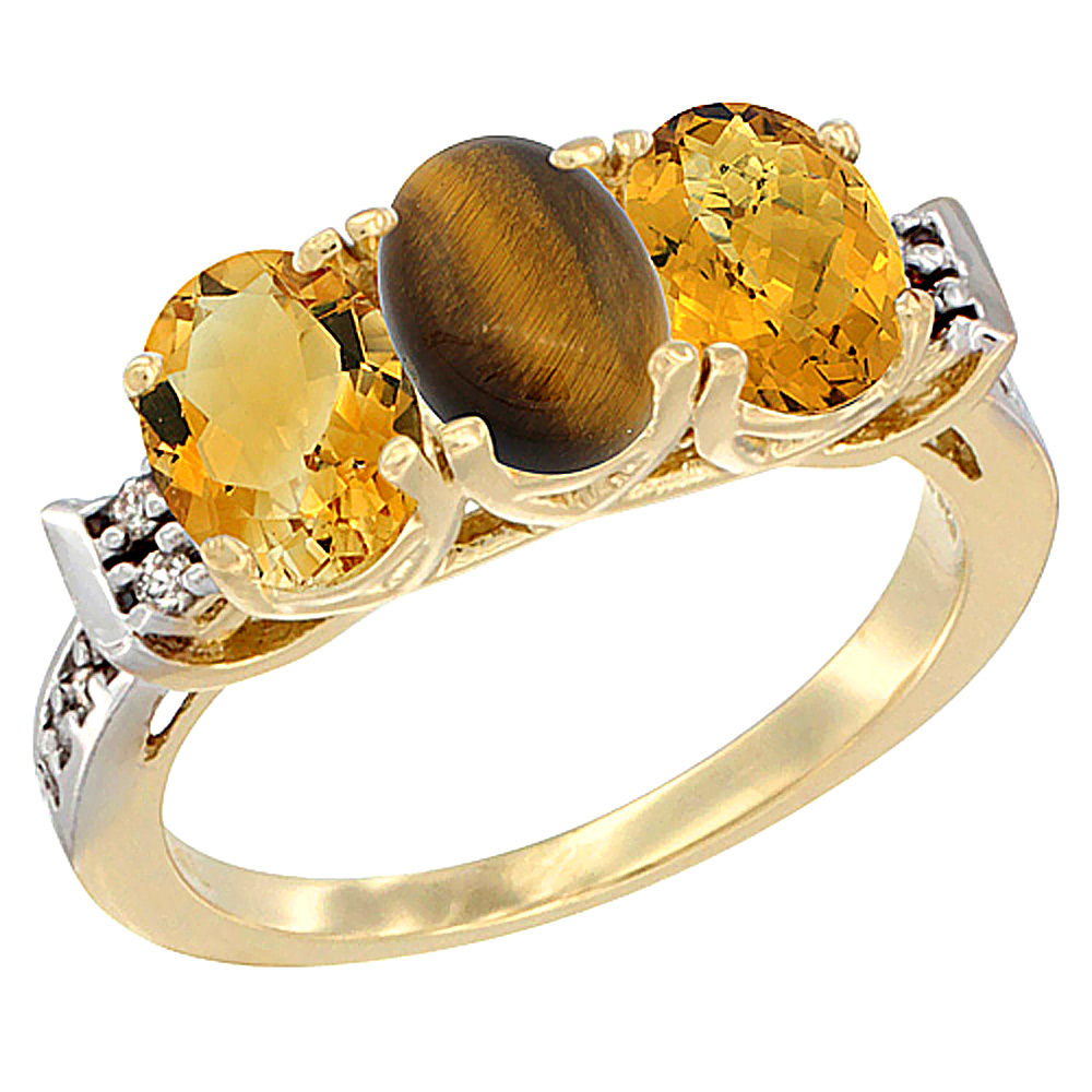 14K Yellow Gold Natural Citrine, Tiger Eye &amp; Whisky Quartz Ring 3-Stone 7x5 mm Oval Diamond Accent, sizes 5 - 10