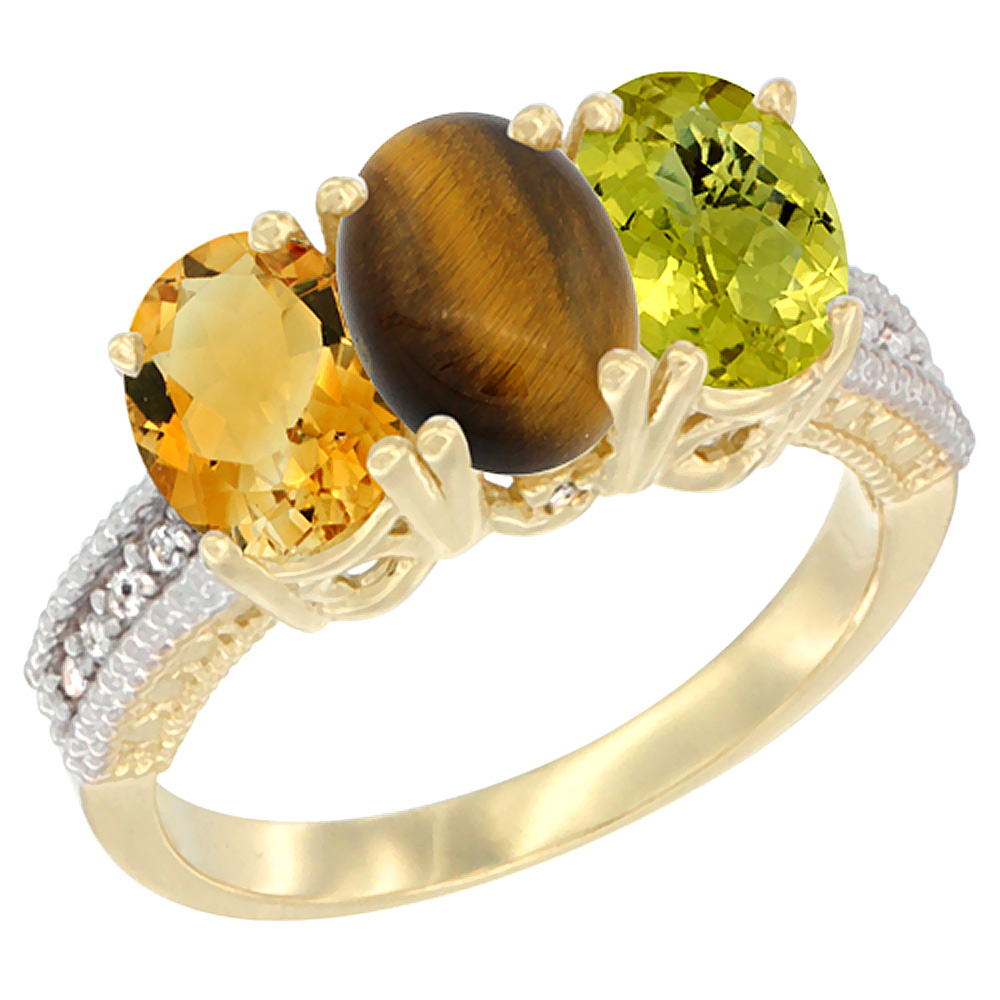 14K Yellow Gold Natural Citrine, Tiger Eye & Lemon Quartz Ring 3-Stone 7x5 mm Oval Diamond Accent, sizes 5 - 10