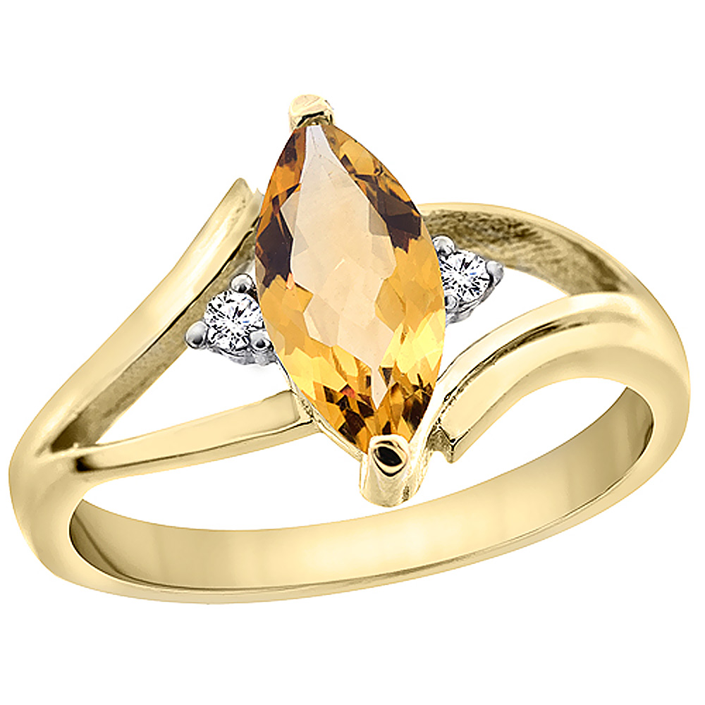 10K Yellow Gold Natural Citrine Ring Marquise 10x5 mm Diamond Accent, sizes 5 - 10 with half sizes