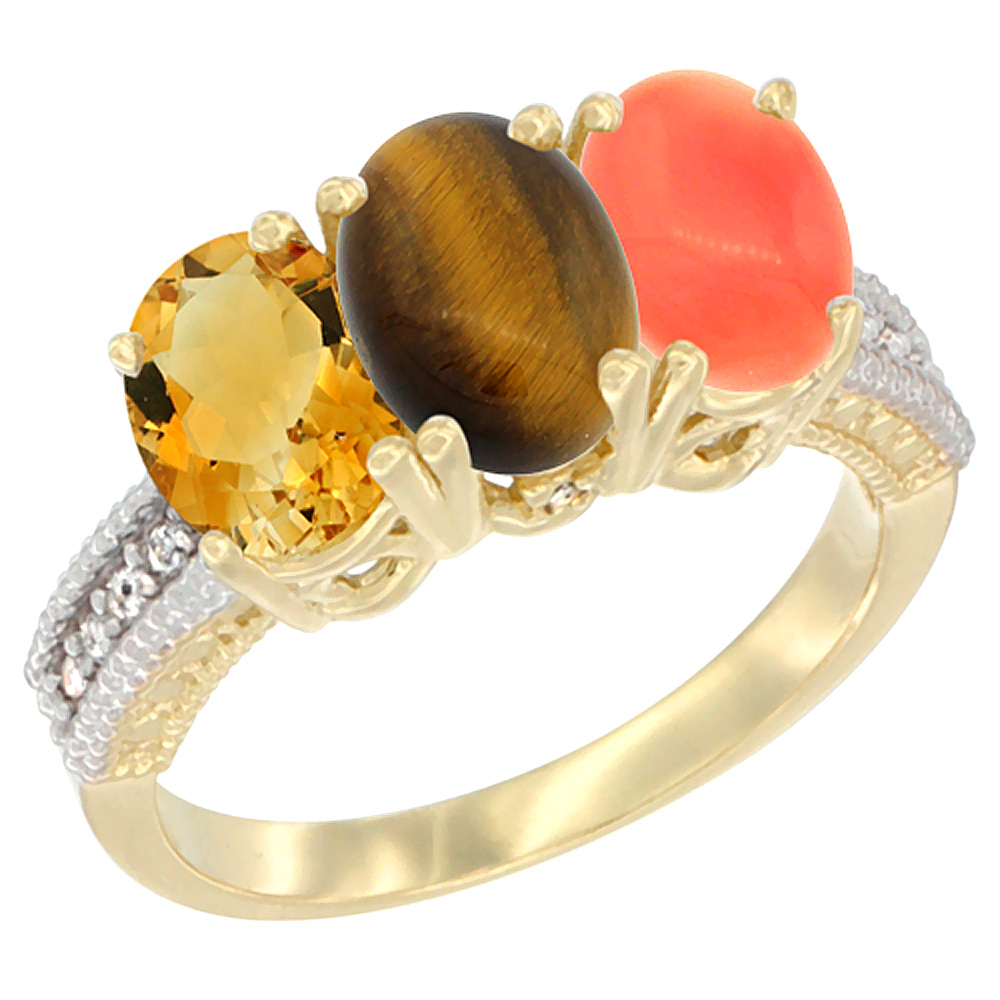 14K Yellow Gold Natural Citrine, Tiger Eye &amp; Coral Ring 3-Stone 7x5 mm Oval Diamond Accent, sizes 5 - 10