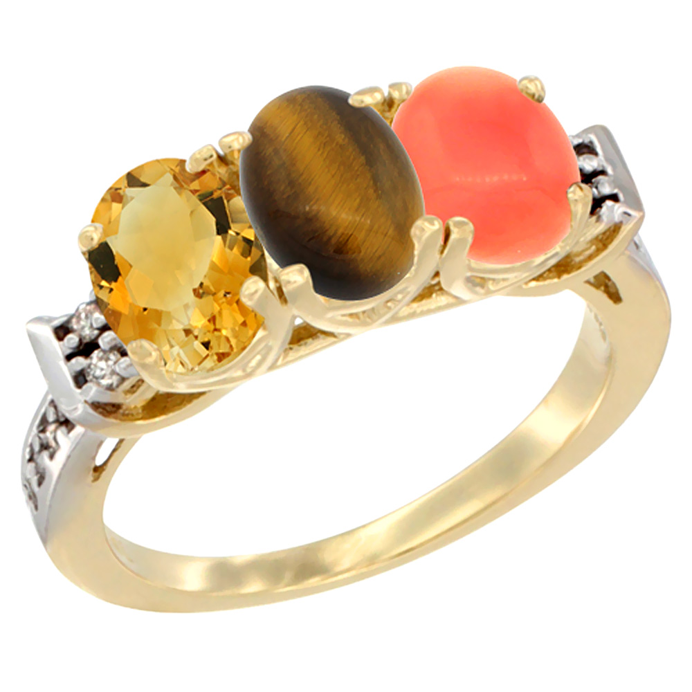 14K Yellow Gold Natural Citrine, Tiger Eye &amp; Coral Ring 3-Stone 7x5 mm Oval Diamond Accent, sizes 5 - 10