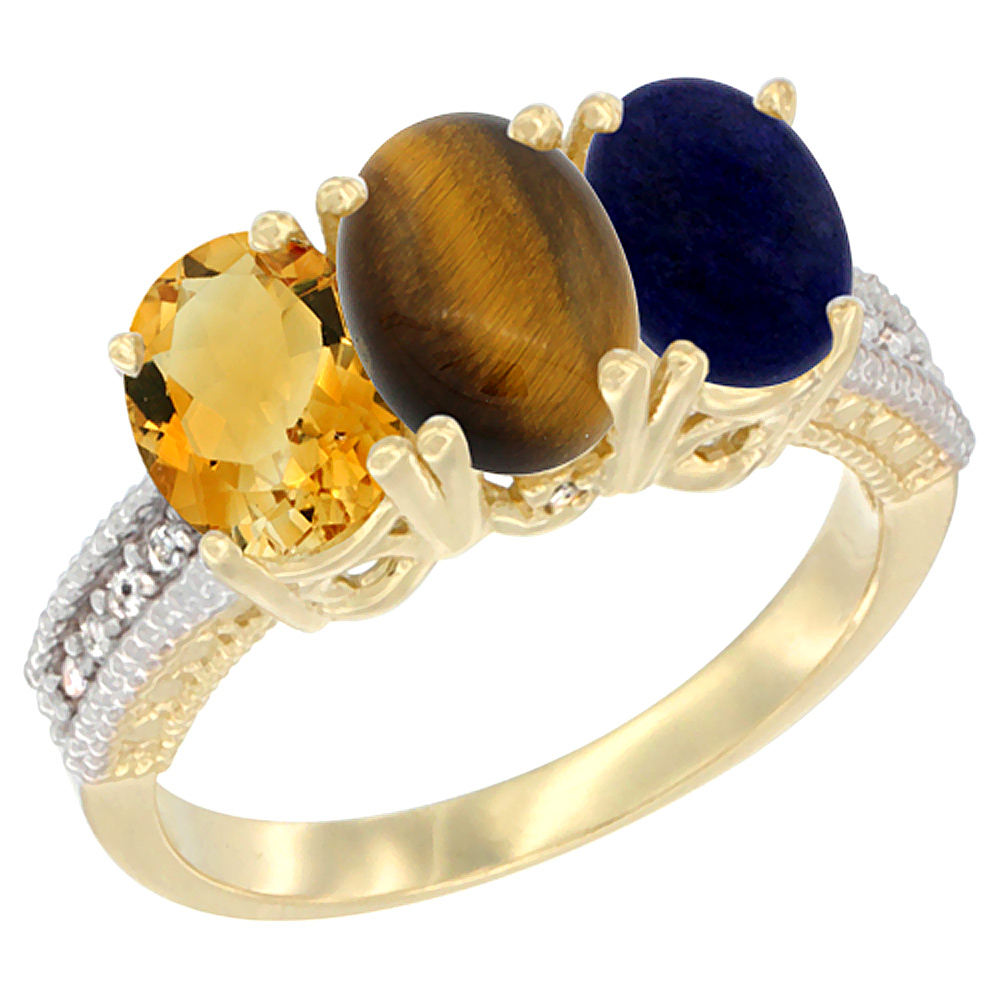 10K Yellow Gold Diamond Natural Citrine, Tiger Eye &amp; Lapis Ring 3-Stone 7x5 mm Oval, sizes 5 - 10