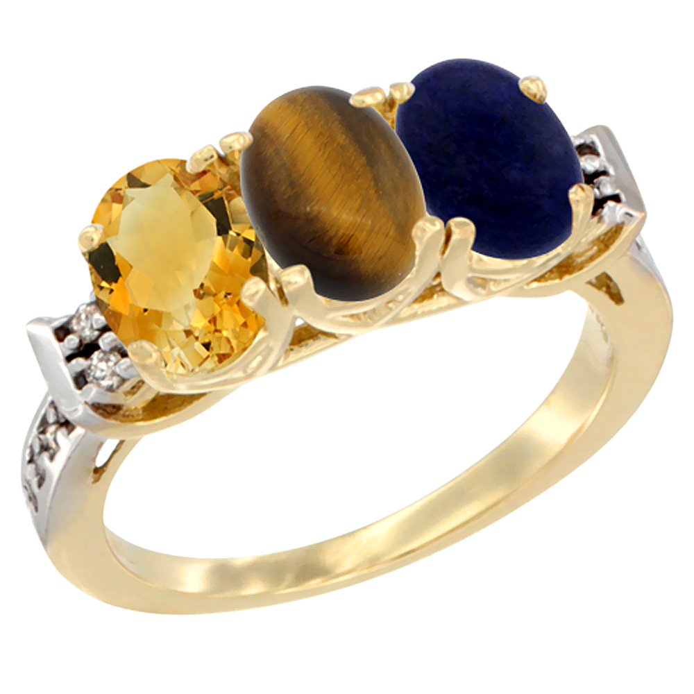 10K Yellow Gold Natural Citrine, Tiger Eye &amp; Lapis Ring 3-Stone Oval 7x5 mm Diamond Accent, sizes 5 - 10