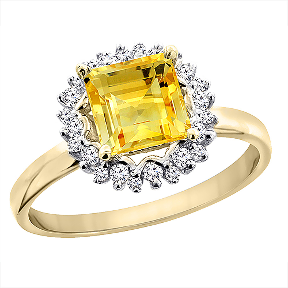 10K Yellow Gold Natural Citrine Ring Square 6x6 mm Diamond Accents, sizes 5 - 10