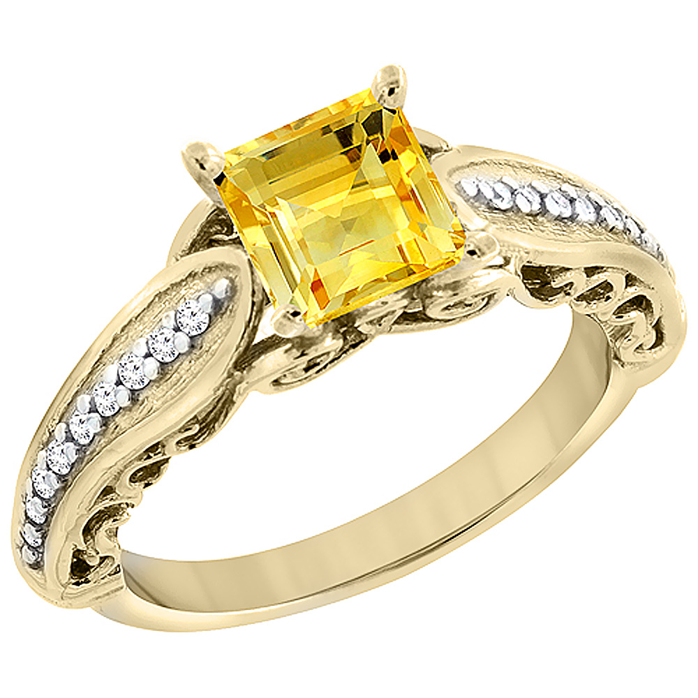 10K Yellow Gold Natural Citrine Ring Square 8x8mm with Diamond Accents, sizes 5 - 10