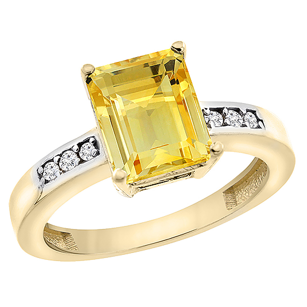 14K Yellow Gold Natural Citrine Octagon 9x7 mm with Diamond Accents, sizes 5 - 10