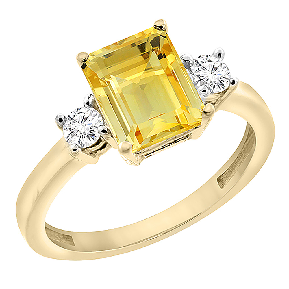 10K Yellow Gold Natural Citrine Ring Octagon 8x6 mm with Diamond Accents, sizes 5 - 10