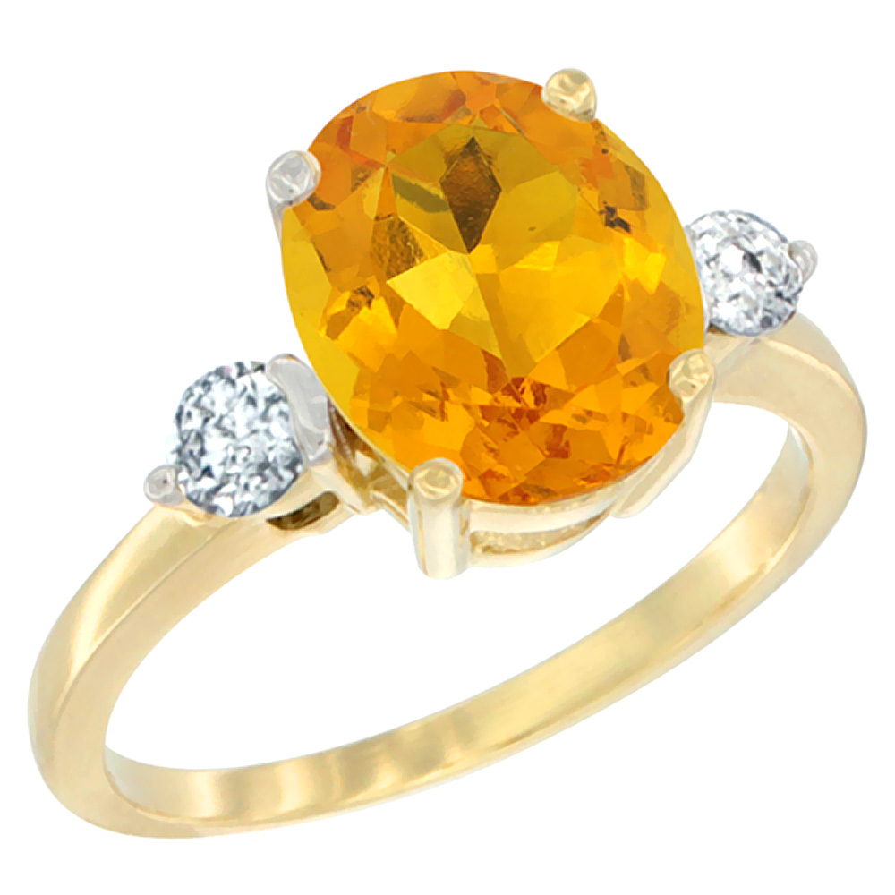 10K Yellow Gold 10x8mm Oval Natural Citrine Ring for Women Diamond Side-stones sizes 5 - 10