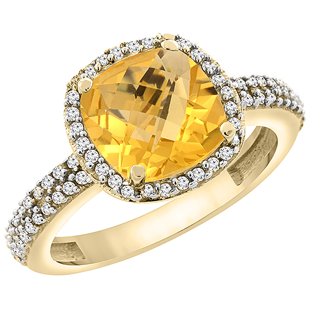 10K Yellow Gold Natural Citrine Cushion 8x8 mm with Diamond Accents, sizes 5 - 10
