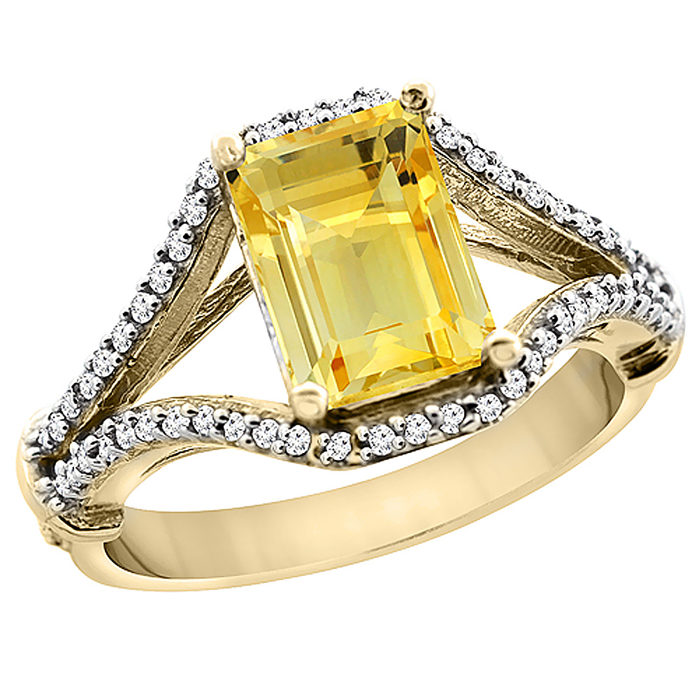 14K Yellow Gold Natural Citrine Ring Octagon 8x6 mm with Diamond Accents, sizes 5 - 10