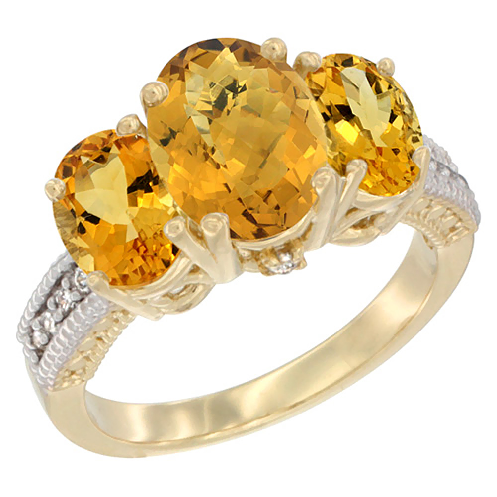 10K Yellow Gold Diamond Natural Whisky Quartz Ring 3-Stone Oval 8x6mm with Citrine, sizes5-10