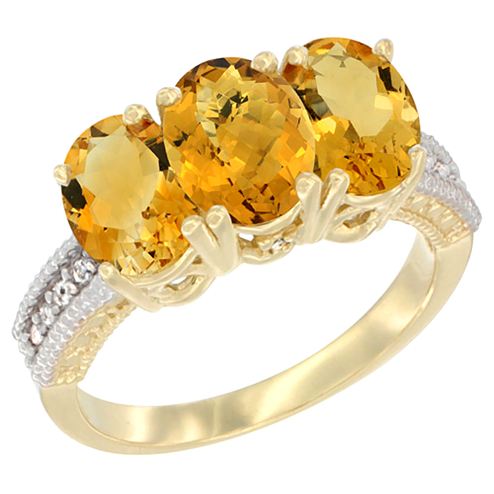 14K Yellow Gold Natural Whisky Quartz &amp; Citrine Sides Ring 3-Stone 7x5 mm Oval Diamond Accent, sizes 5 - 10