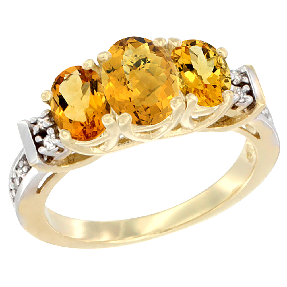 14K Yellow Gold Natural Whisky Quartz &amp; Citrine Ring 3-Stone Oval Diamond Accent