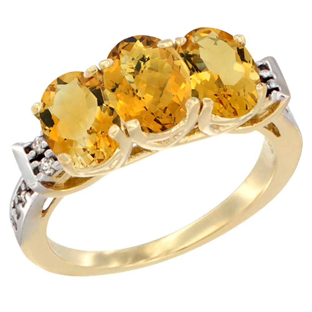 10K Yellow Gold Natural Whisky Quartz & Citrine Sides Ring 3-Stone Oval 7x5 mm Diamond Accent, sizes 5 - 10