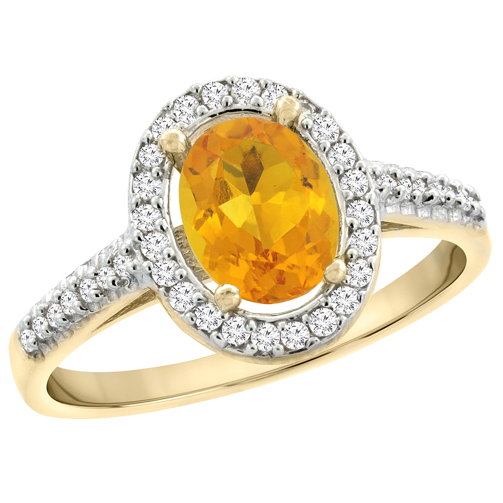 10K Yellow Gold Natural Citrine Engagement Ring Oval 7x5 mm Diamond Halo, sizes 5 - 10