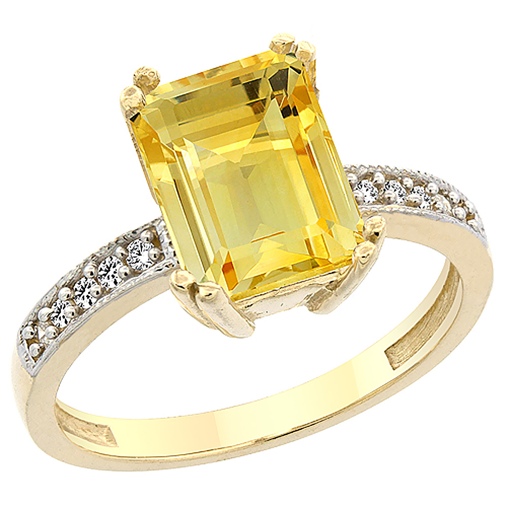 10K Yellow Gold Natural Citrine Ring Octagon 10x8mm Diamond Accent, sizes 5 to 10