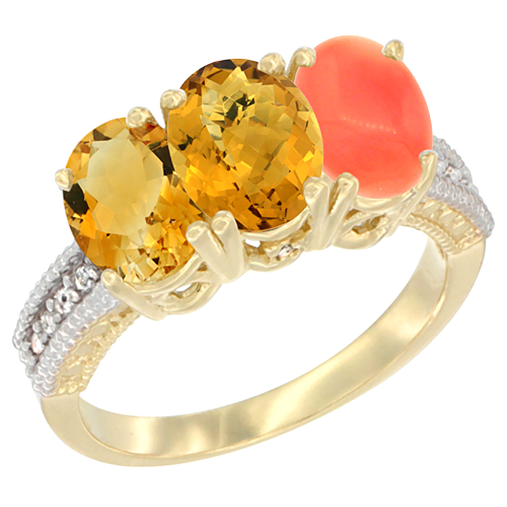 14K Yellow Gold Natural Citrine, Whisky Quartz & Coral Ring 3-Stone 7x5 mm Oval Diamond Accent, sizes 5 - 10
