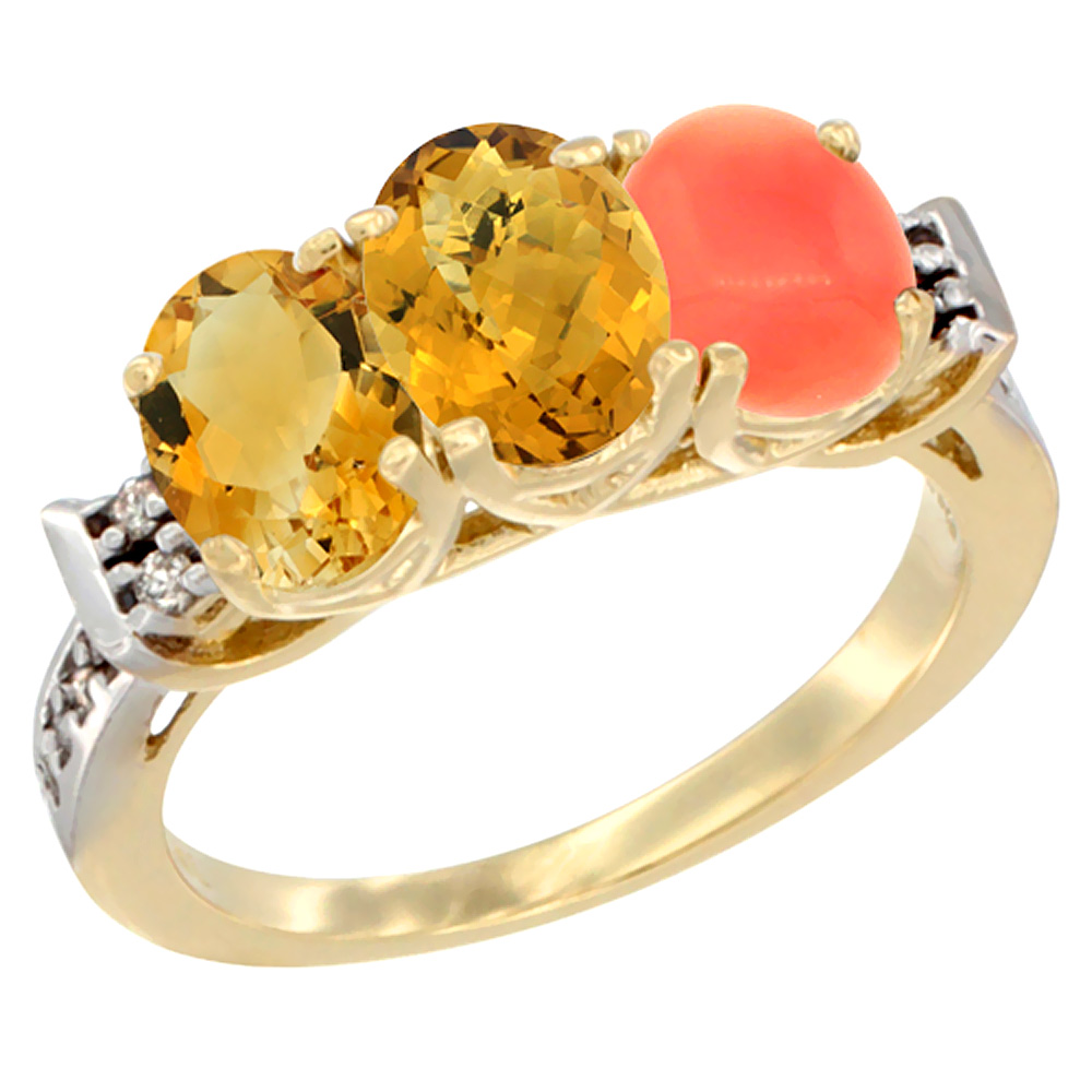 14K Yellow Gold Natural Citrine, Whisky Quartz & Coral Ring 3-Stone 7x5 mm Oval Diamond Accent, sizes 5 - 10