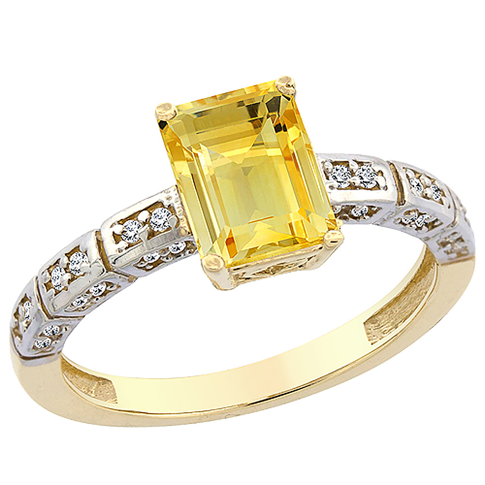 14K Yellow Gold Natural Citrine Octagon 8x6 mm with Diamond Accents, sizes 5 - 10