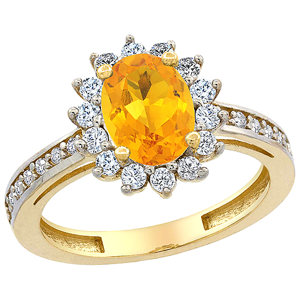 14K Yellow Gold Natural Citrine Floral Halo Ring Oval 8x6mm Diamond Accents, sizes 5 - 10