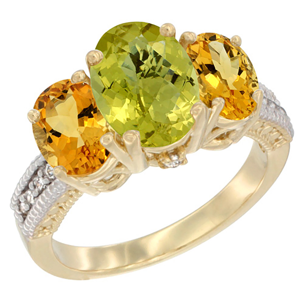 14K Yellow Gold Diamond Natural Lemon Quartz Ring 3-Stone Oval 8x6mm with Citrine, sizes5-10