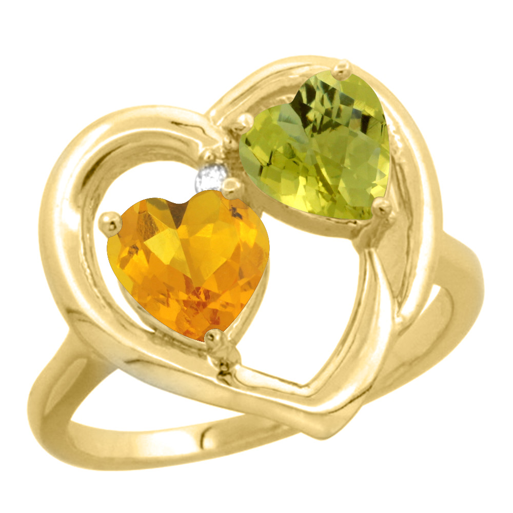 10K Yellow Gold Diamond Two-stone Heart Ring 6mm Natural Citrine &amp; Lemon Quartz, sizes 5-10