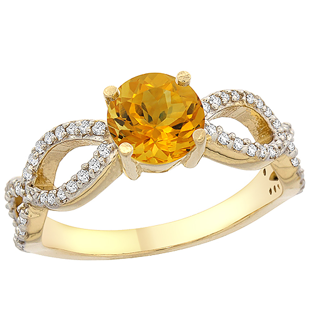 10K Yellow Gold Natural Citrine Ring Round 6mm Infinity Diamond Accents, sizes 5 - 10