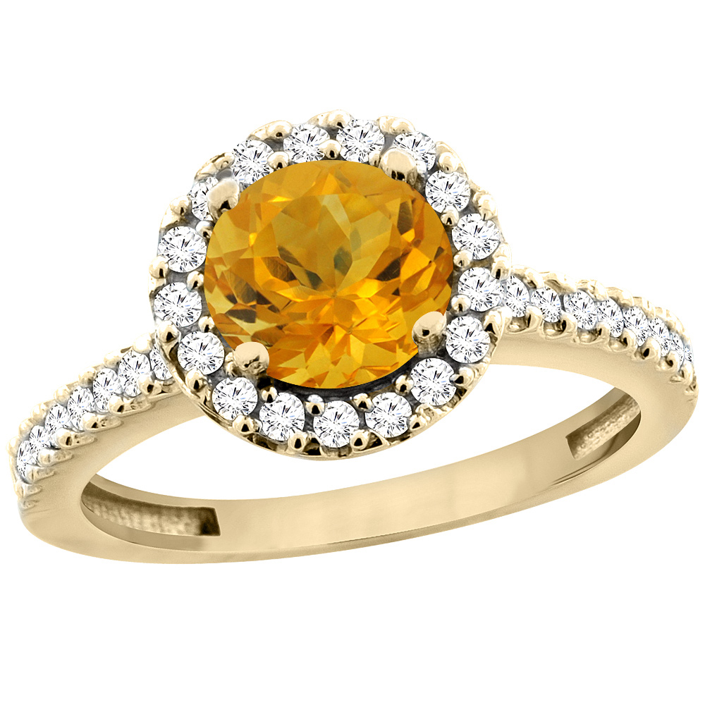 14K Yellow Gold Natural Citrine Ring Round 6mm Floating Halo Diamond, sizes 5 - 10