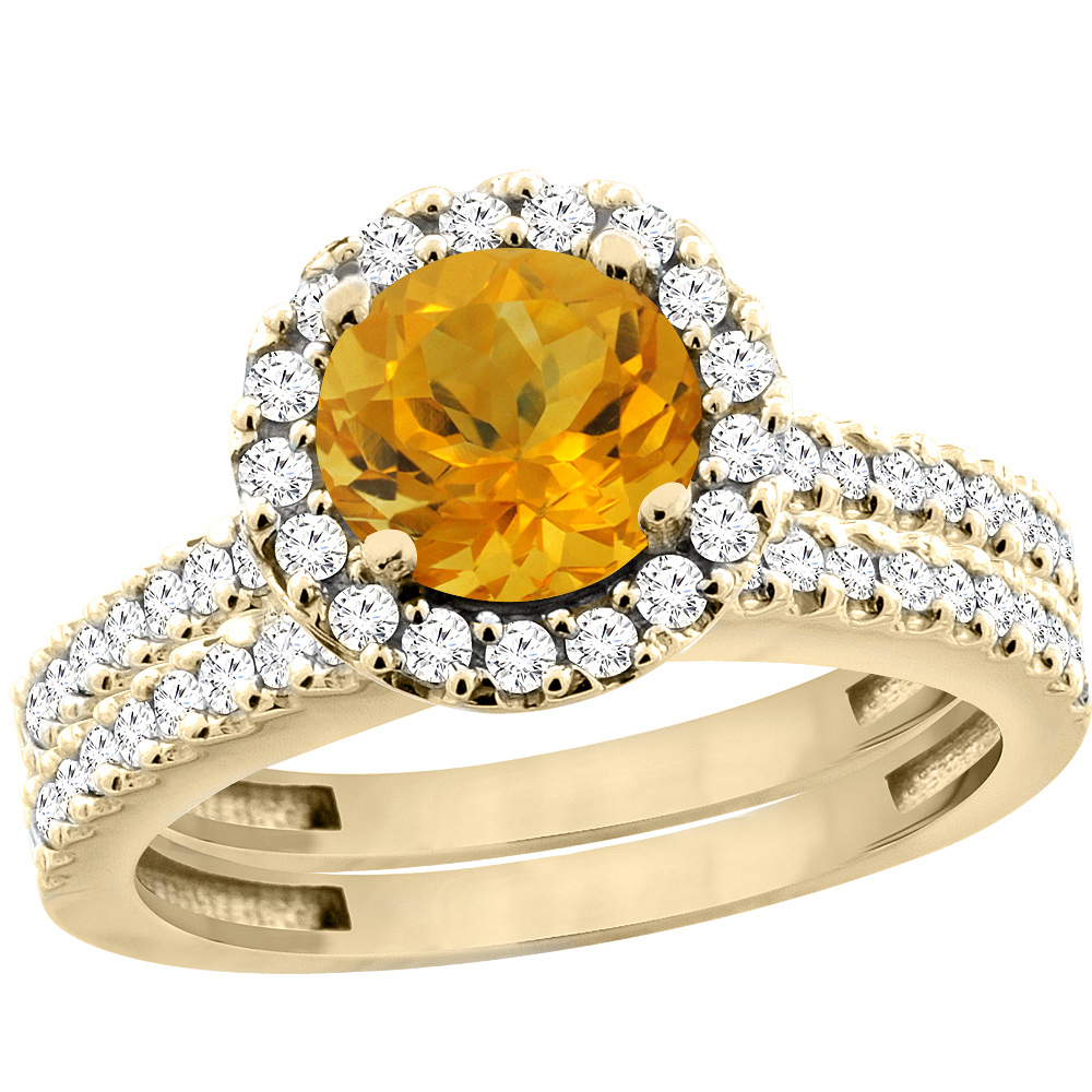 14K Yellow Gold Natural Citrine Round 6mm 2-Piece Engagement Ring Set Floating Halo Diamond, sizes 5 - 10