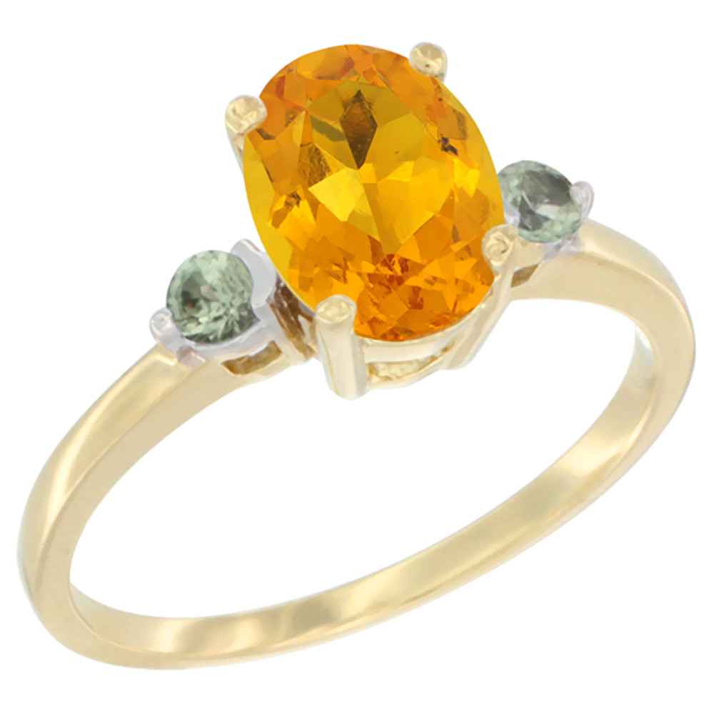 10K Yellow Gold Natural Citrine Ring Oval 9x7 mm Green Sapphire Accent, sizes 5 to 10