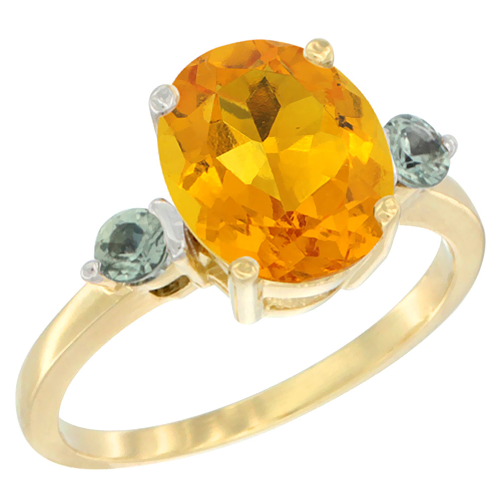 14K Yellow Gold 10x8mm Oval Natural Citrine Ring for Women Green Sapphire Side-stones sizes 5 - 10