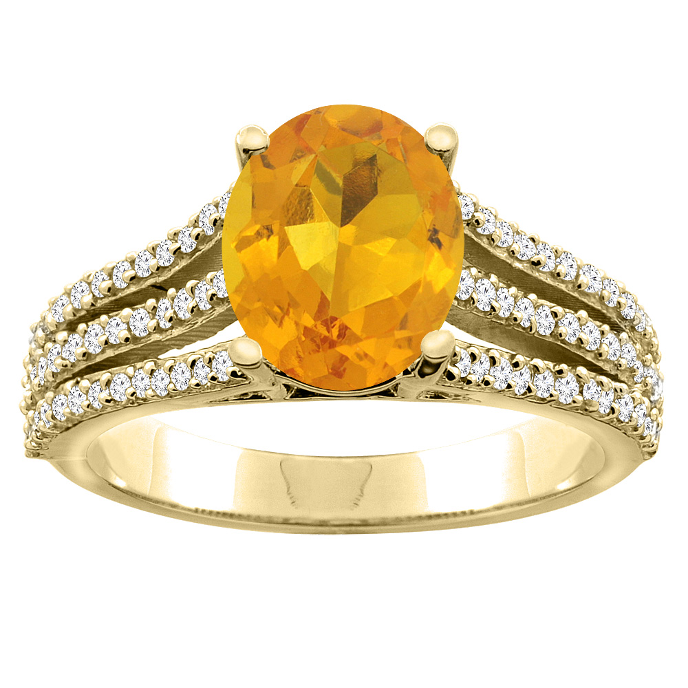 10K Yellow Gold Natural Citrine Tri-split Ring Cushion-cut 8x6mm Diamond Accents 5/16 inch wide, sizes 5 - 10