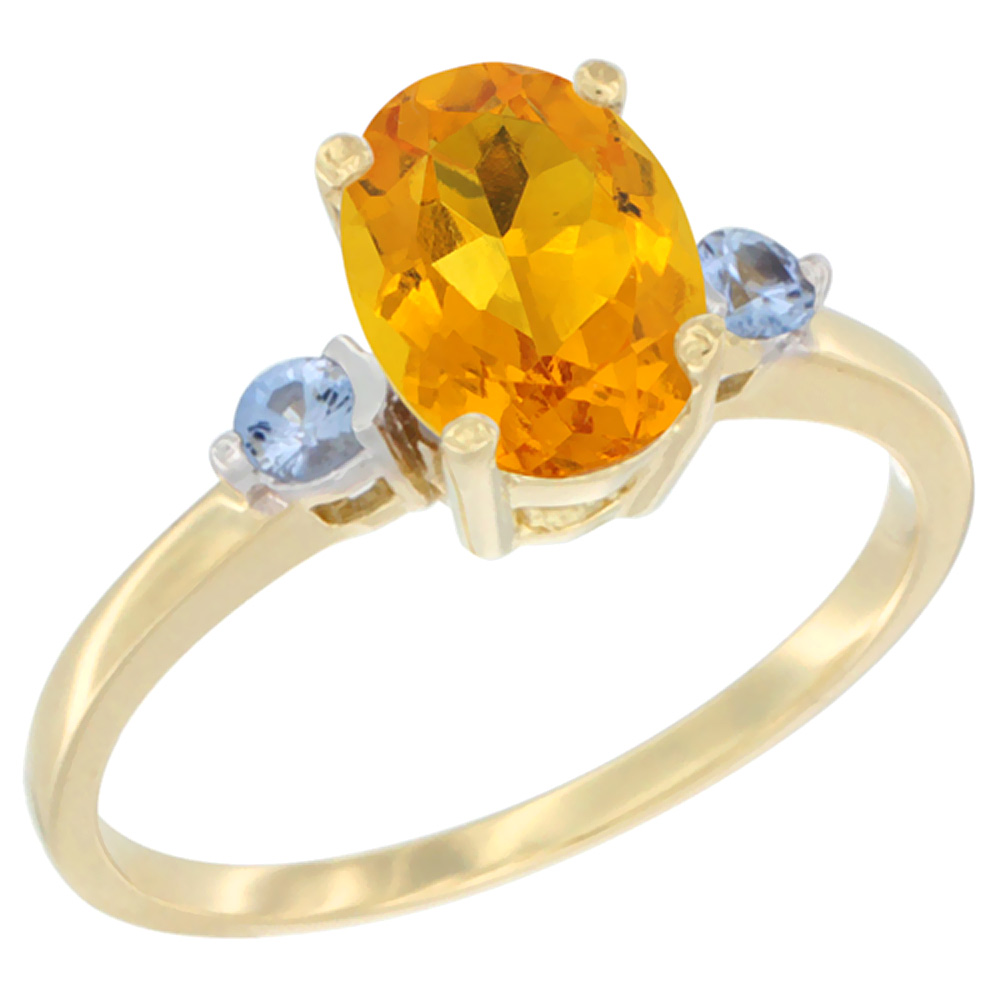 14K Yellow Gold Natural Citrine Ring Oval 9x7 mm Light Blue Sapphire Accent, sizes 5 to 10